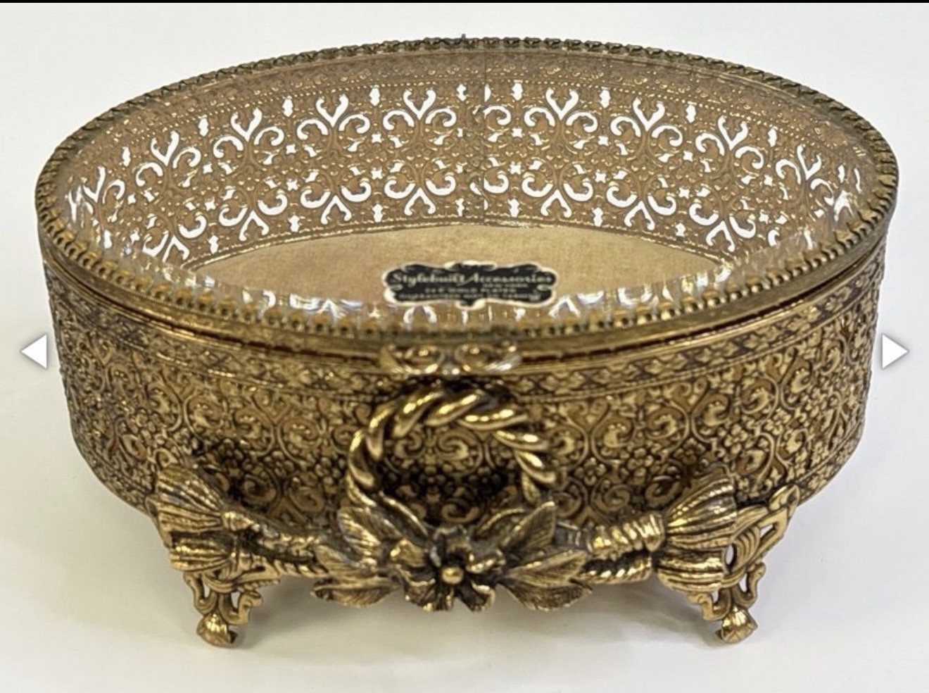 Stylebuilt 24K Gold Plated Jewelry Casket Box w/Glass Lid Hollywood Regency