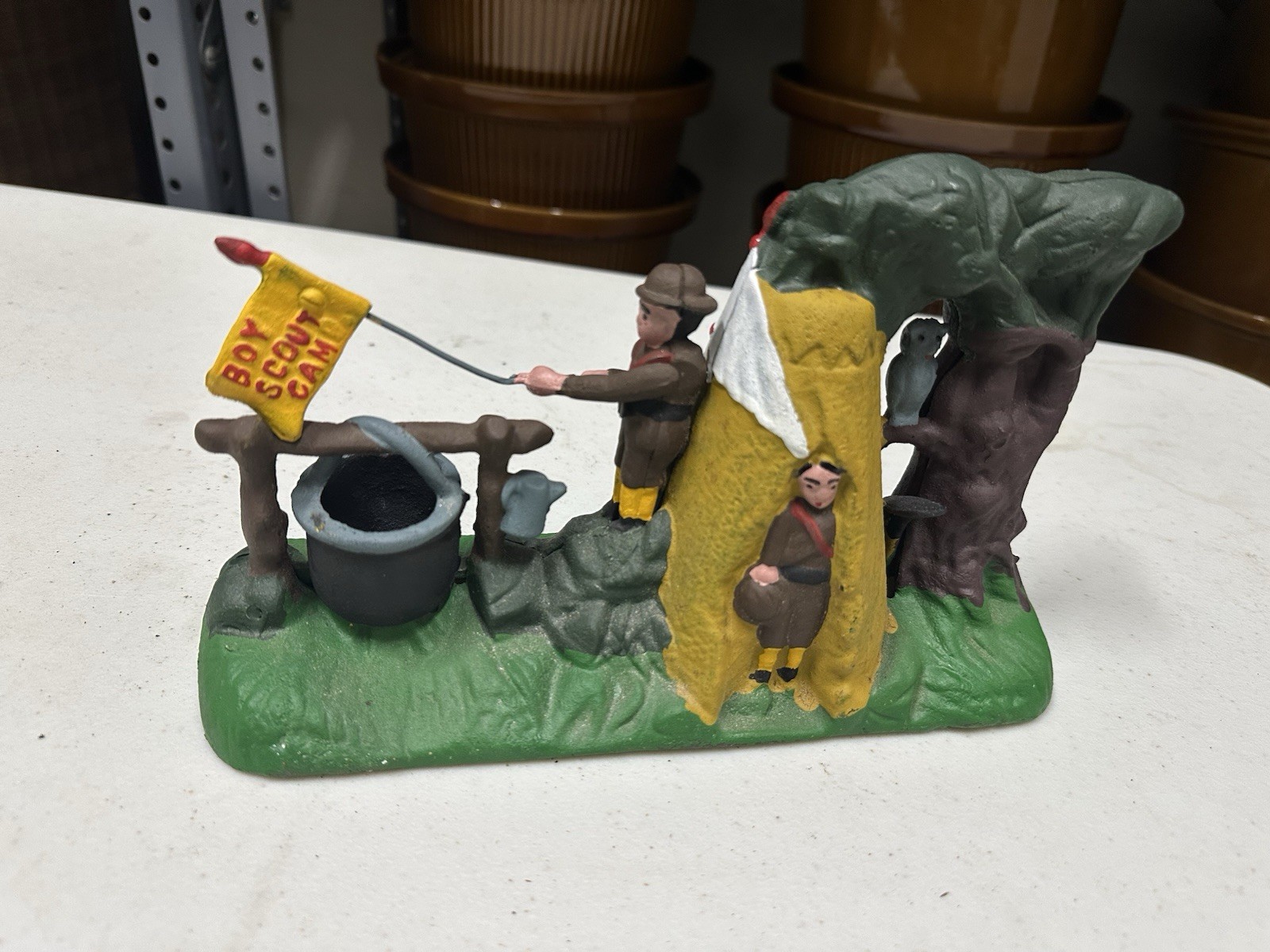 Vintage Cast Iron Boy Scout Camp Mechanical Coin Bank Reproduction