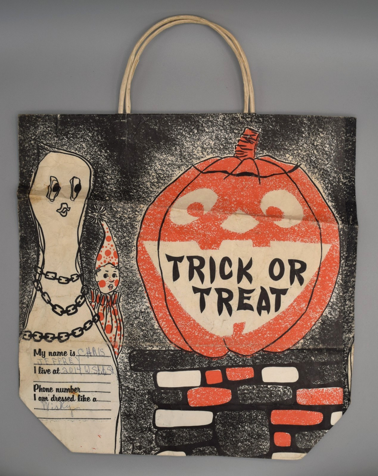 Vintage 1960s Halloween Trick or Treat Paper Bag Child's Name Address Ghost JOL