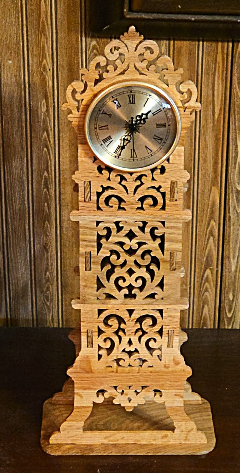 Handmade White Oak Scroll Saw Mantel Clock 21” Tall with Quartz Insert Handmade White Oak Scroll Saw Mantel Clock 21” Tall with Quartz Insert