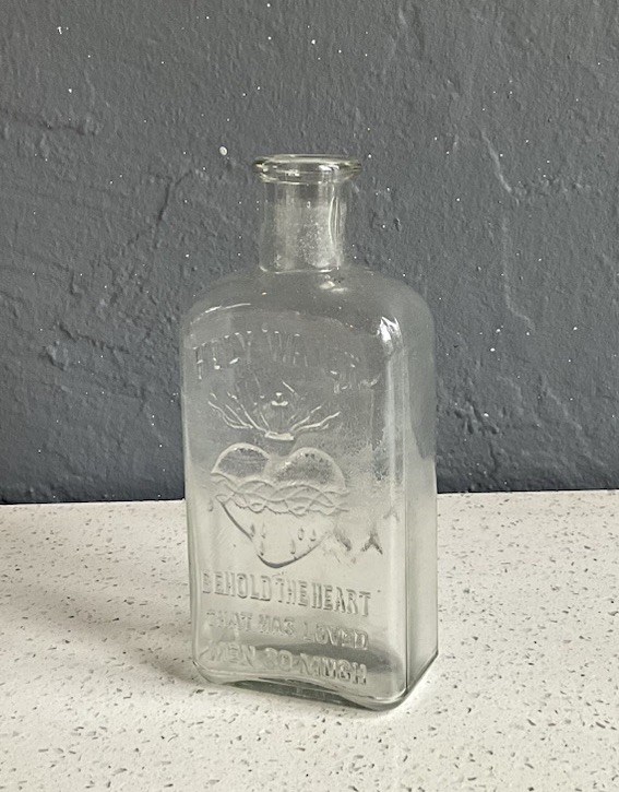 Vintage Embossed Holy Water Bottle Sacred Heart Glass Christianity Antique