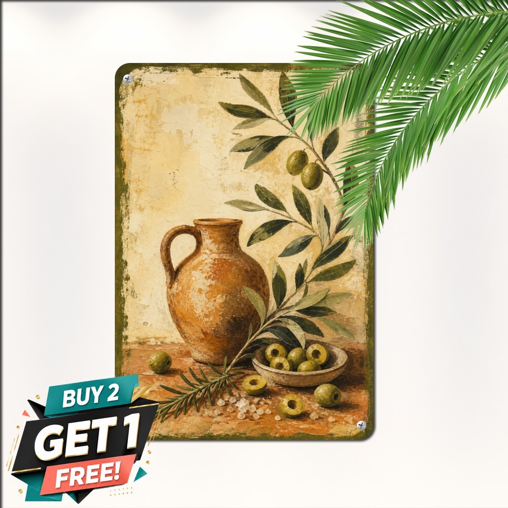 Painterly Green Olives On Branch Mediterranean Decor Plaque Metal Tin Sign 8x12