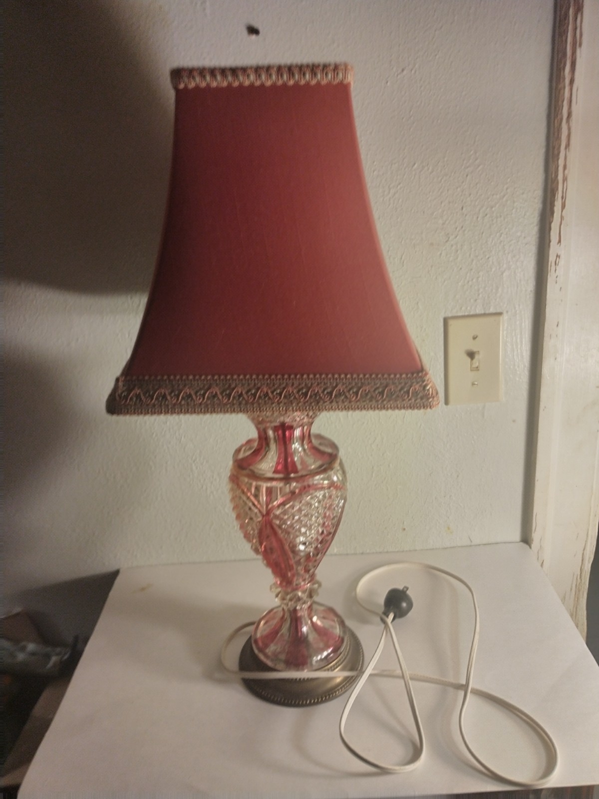 Wonderful Vintage Diamond Cut Cranberry Glass Table Lamp With Brass Base