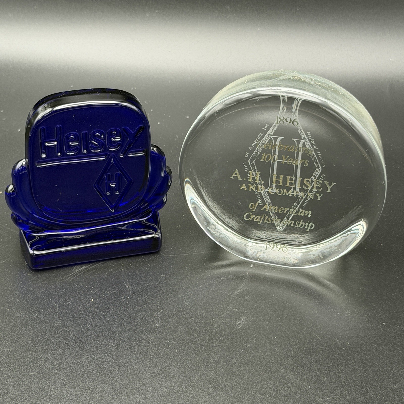 Lot- Collectible Heisey Cobalt Cabochon Display Sign & Clear Heisey Paper Weight