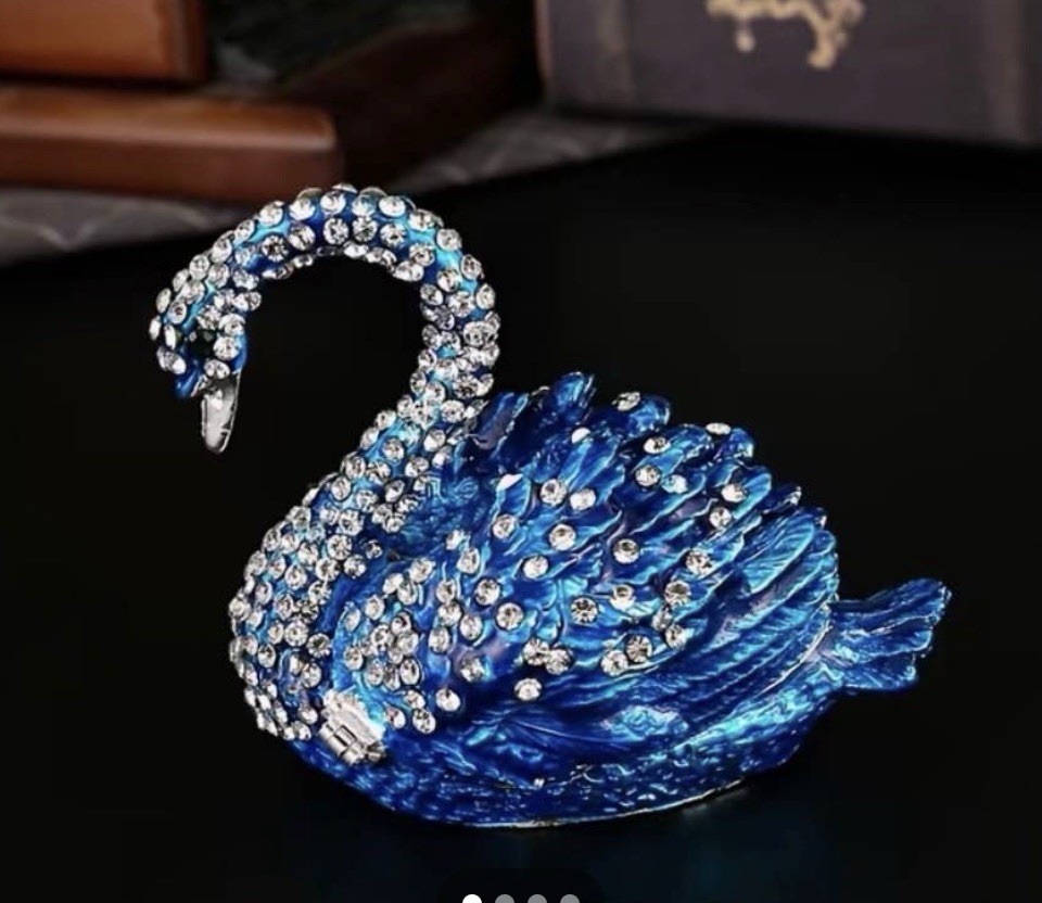 QIFU Hand Painted Blue SWAN Enameled Enamel Jewelry Trinket Box Opens