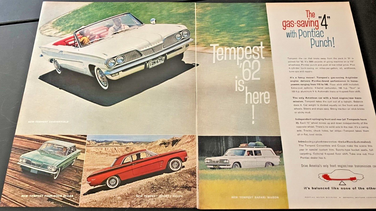 1962 Pontiac Tempest Model Range - Vintage Original 2-Page Print Ad / Wall Art