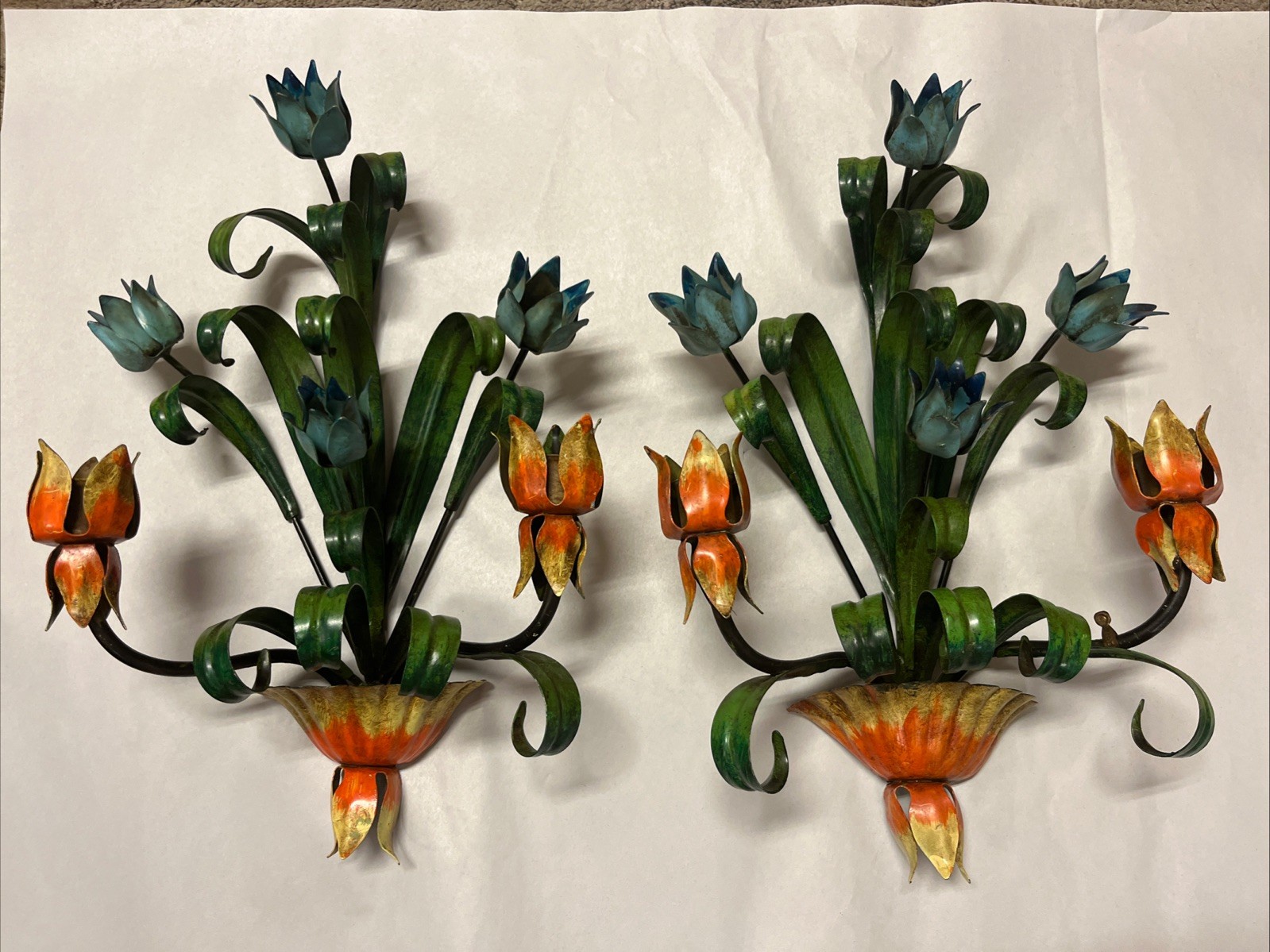 Vtg Italian Toleware Flower Candle Wall Sconces Pair 16x11 Aqua Orange WITH TAG
