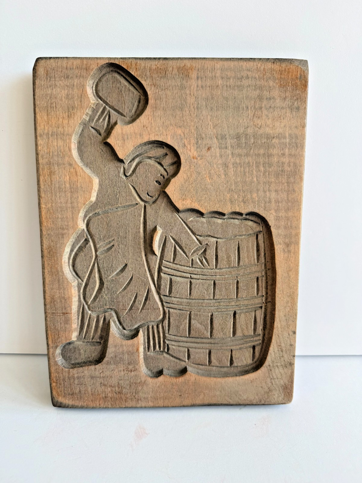Vintage Dutch Hand Carved Wood Folk Art Wall Plaque Man Beer Barrel