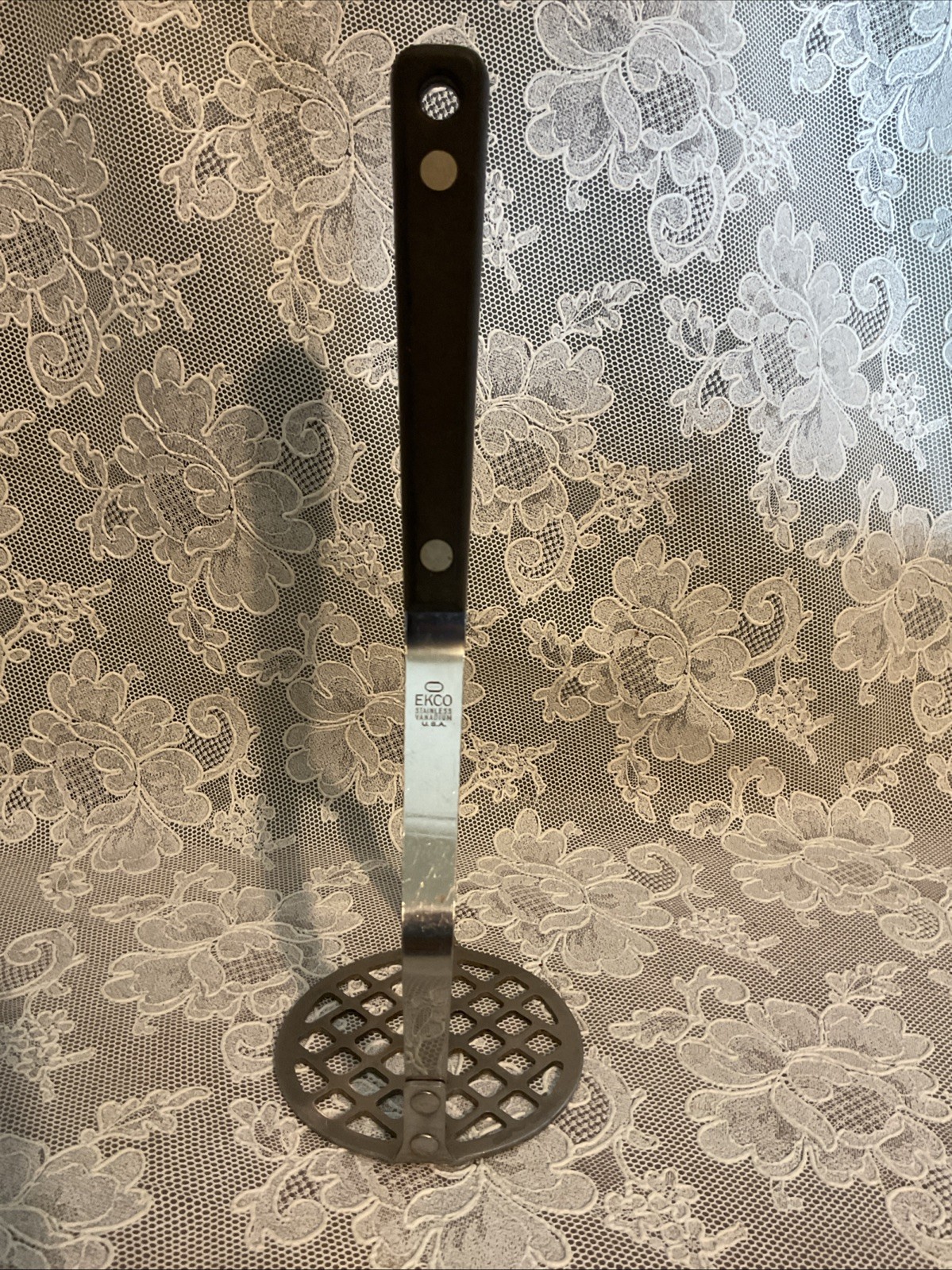 Vintage Ekco Vanadium Stainless Steel 9.5” Potato Masher Black Handle Sturdy USA