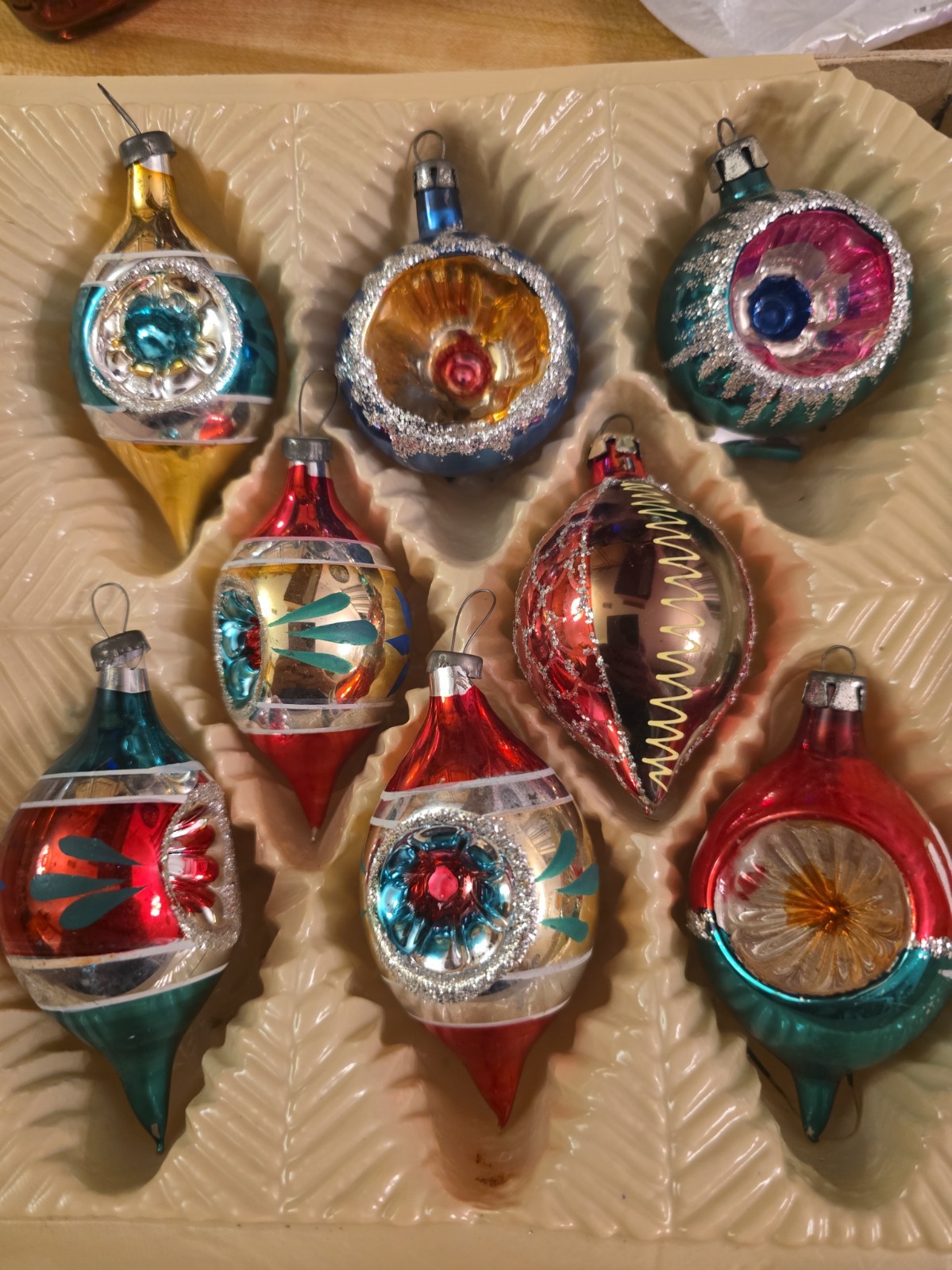 8 Vtg Romania And Poland Christmas Glass Ornaments  Indent Glitter Hand Blown