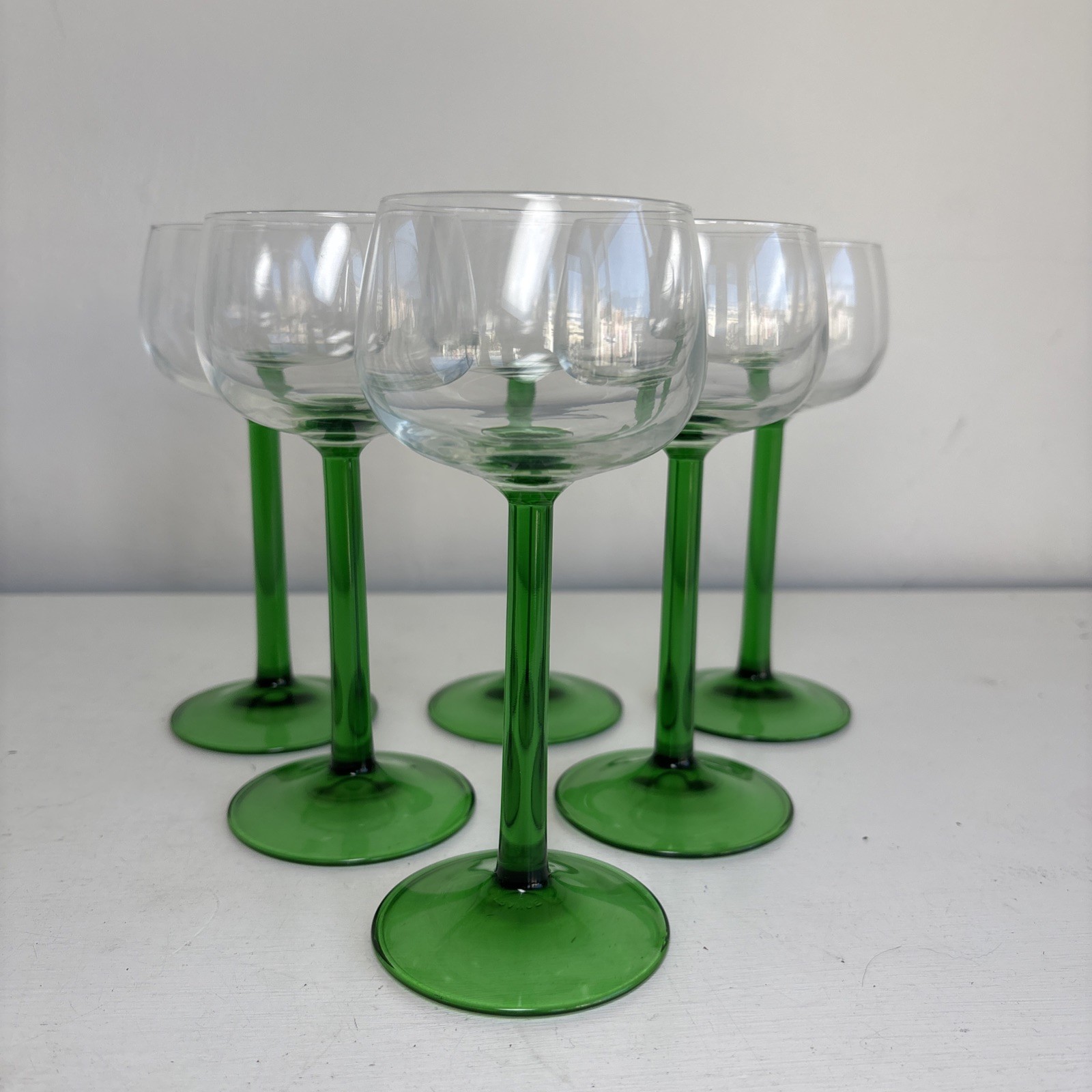 6x Vintage 1970s Luminarc Green Stem Hock Wine Glasses 16.5cm France 180ml