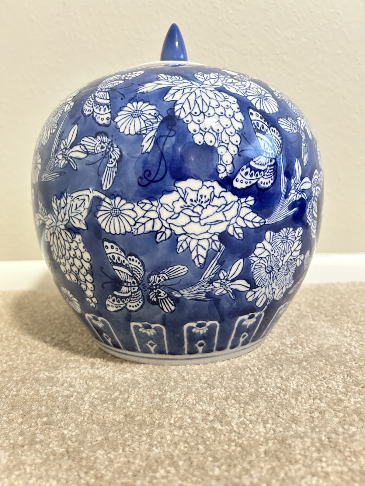 Vintage Chinese Chinoiserie Porcelain Melon Ginger Jar Blue & White Lidded 14x9”