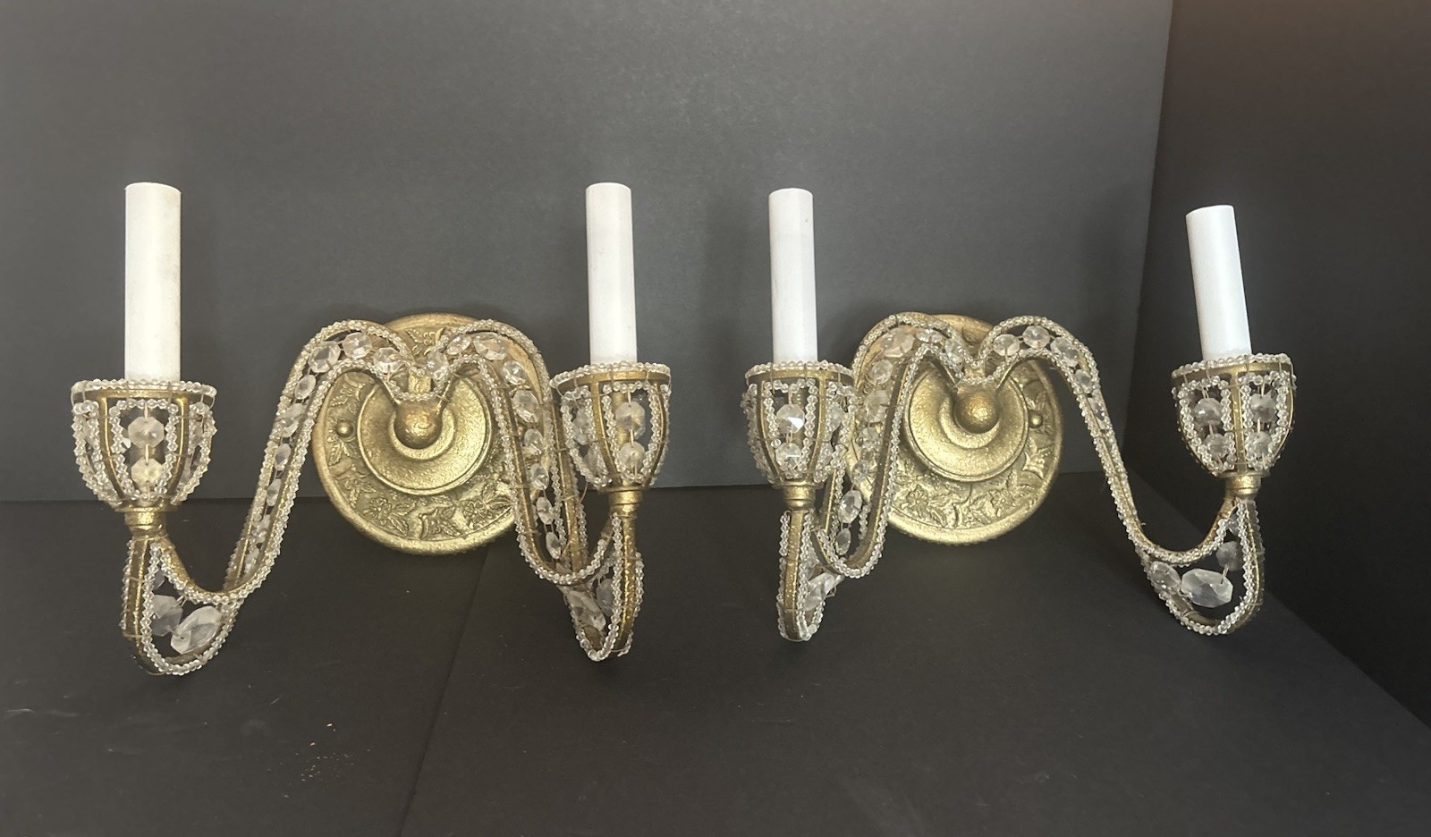 Pair Double Arm Wall Sconces Crystals Beaded Antique Style Pair Double Arm Wall Sconces Crystals Beaded Antique Style