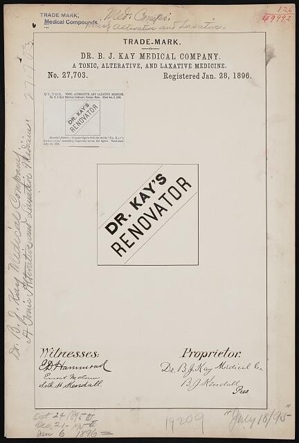 Dr B J Kay Medical Co Trademark Registration 1896 Dr Kays Renovator Medicine