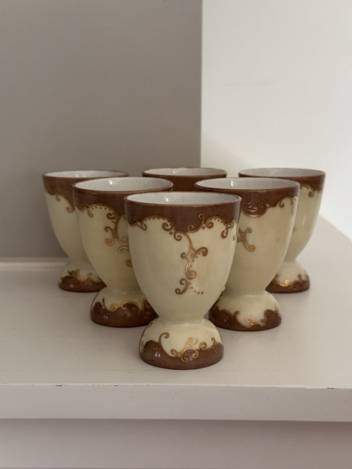 Set of 6 Antique “Belle Epoque” Hand-Painted Porcelain Egg Cups c.1890’s
