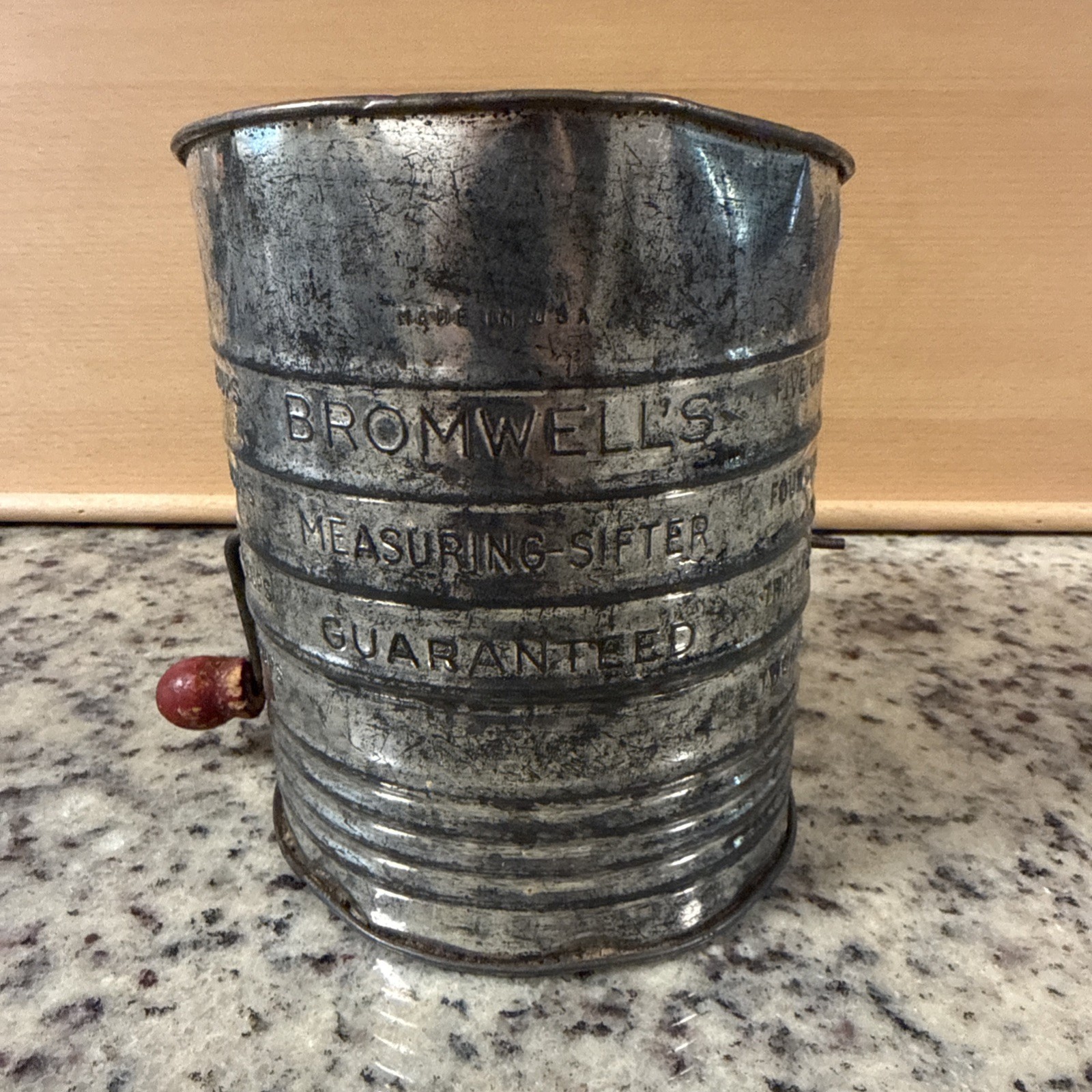 Bromwell’s 5 Cup Measuring Sifter Red Wood Crank Handle Flour Sifter Vintage