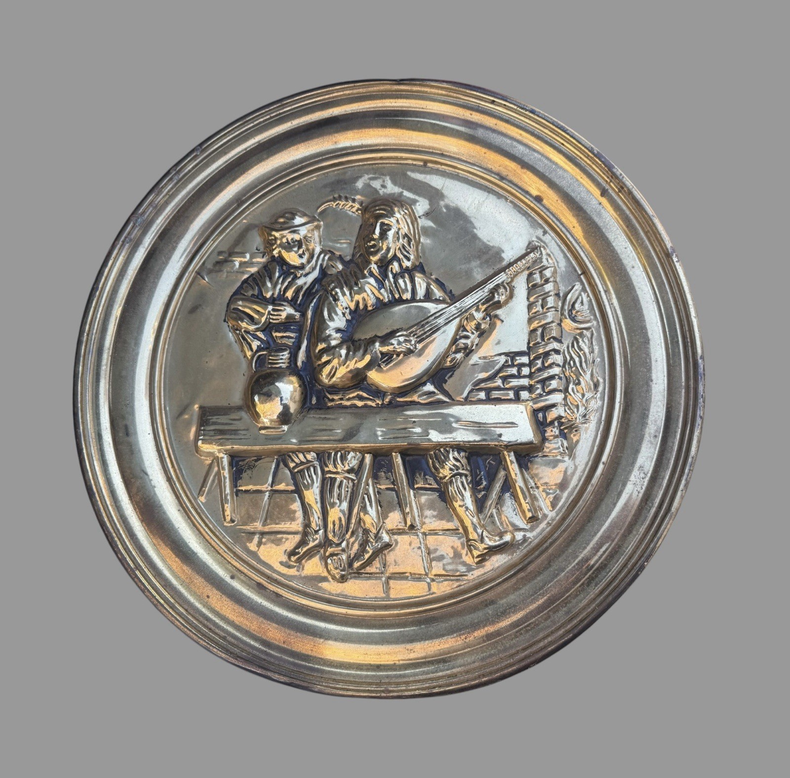 Vintage English Embossed Brass Tavern Scene Wall Plaque Charger 16” England