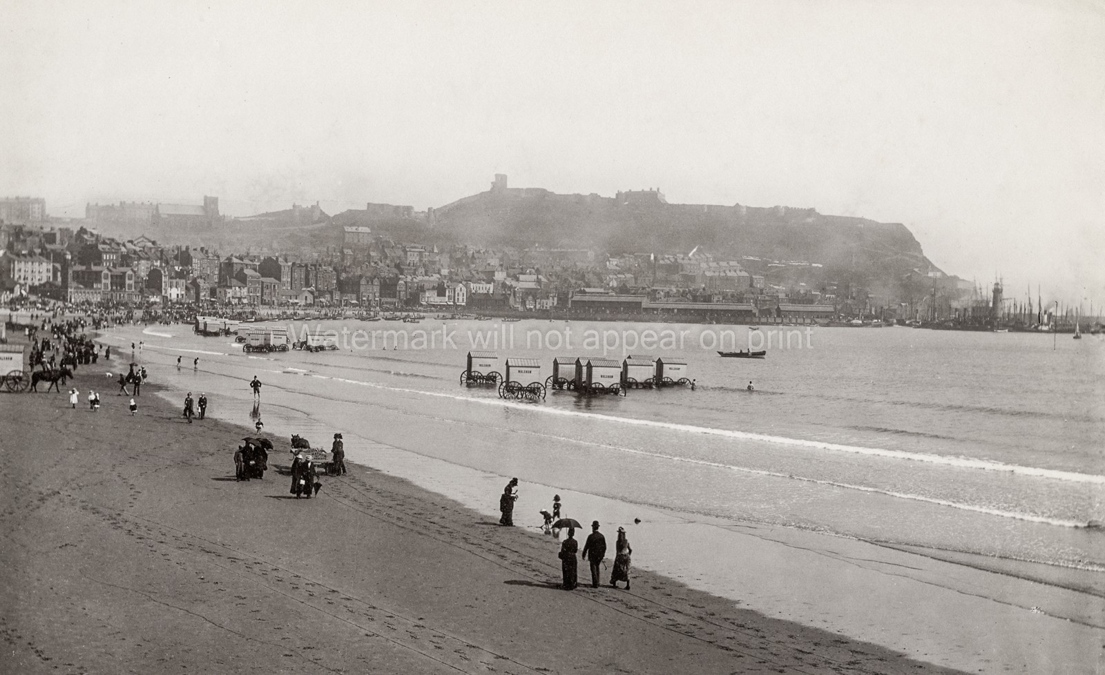 Scarborough South Bay Beach Scene Bathing Machines Castle Vtg. Photo 19thC.