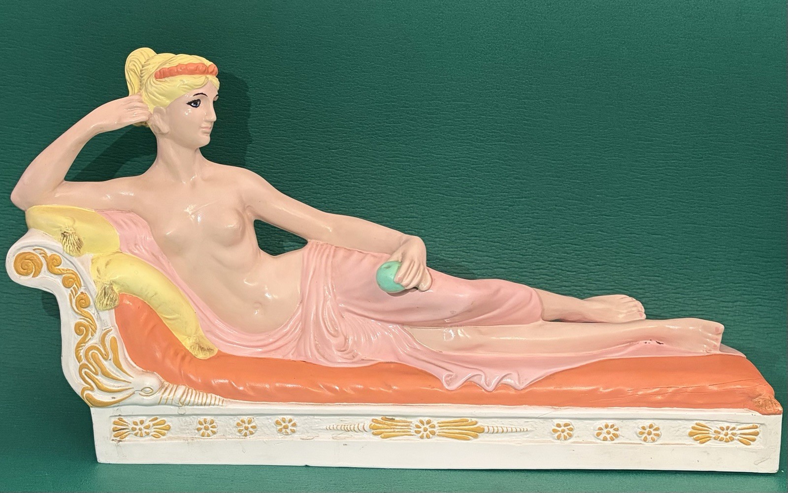 Vtg Nude Goddess Reclining on Couch Ceramic Long Figurine, Blonde Pink, Bell Co Vtg Nude Goddess Reclining on Couch Ceramic Long Figurine, Blonde Pink, Bell Co