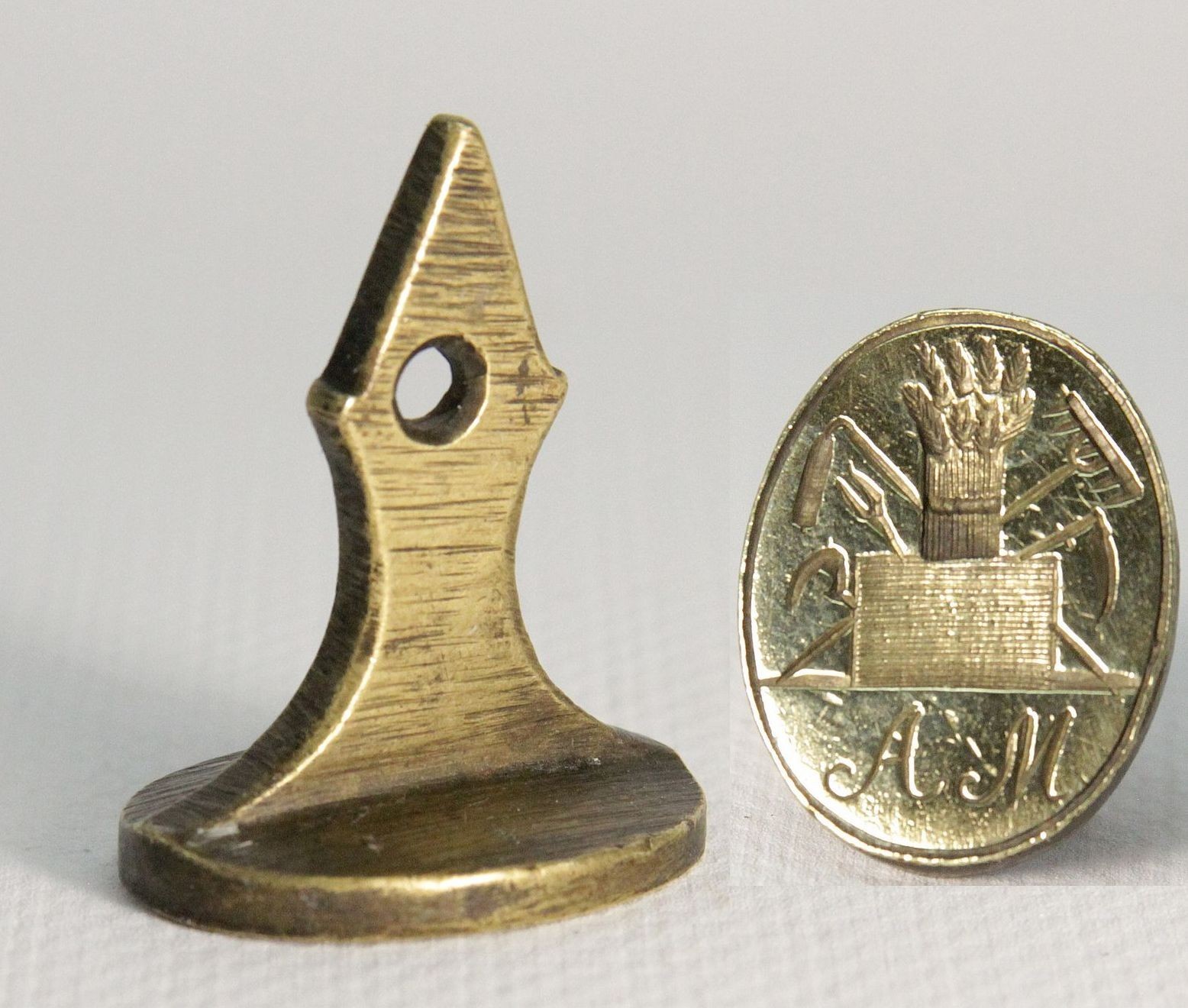 antique 18th Wax Seal fob, farm / grain harvest tools & initials / letters: A.M