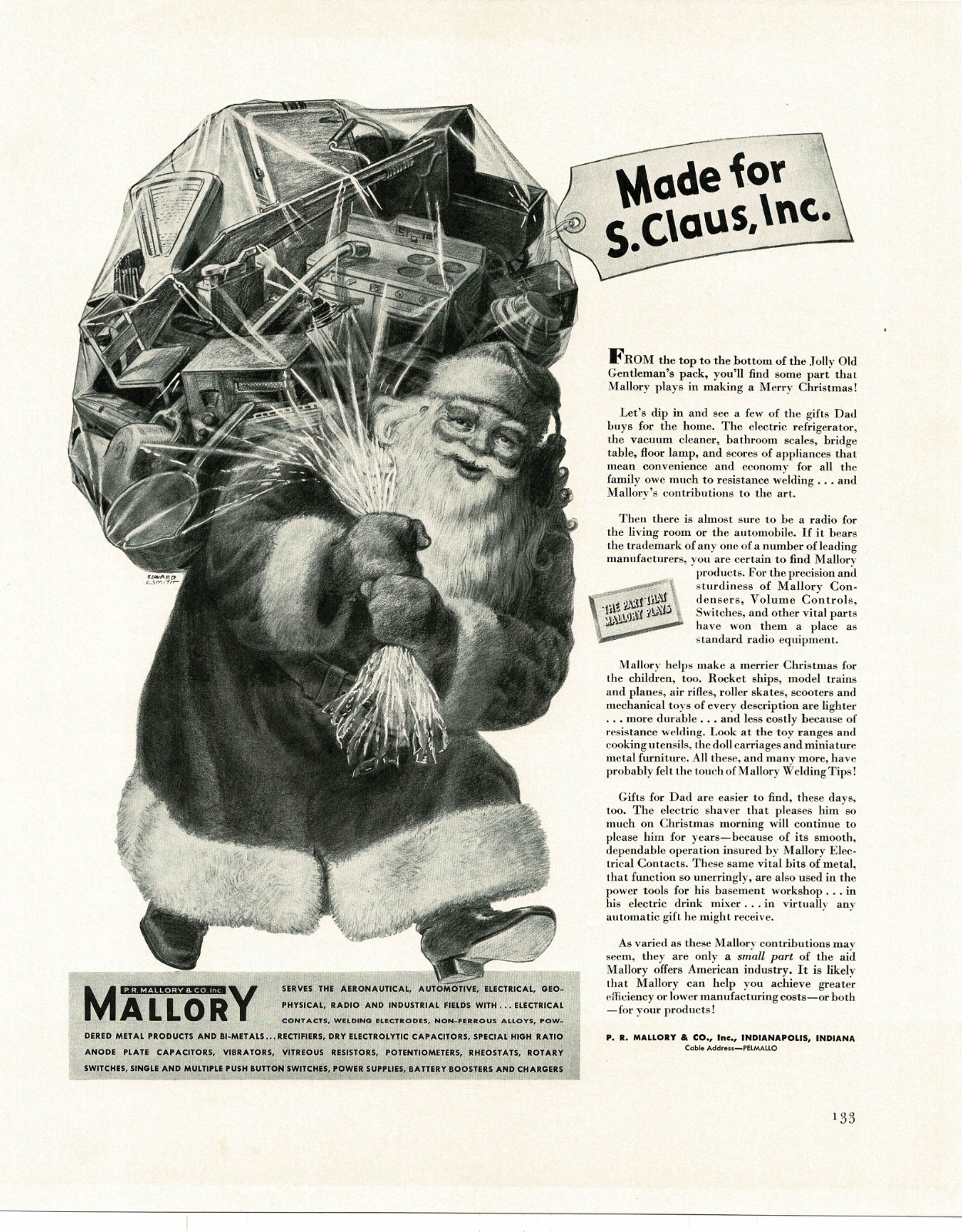 1941 Mallory Electronics Santa Claus Christmas art by Edward C. Smith Vintage Ad