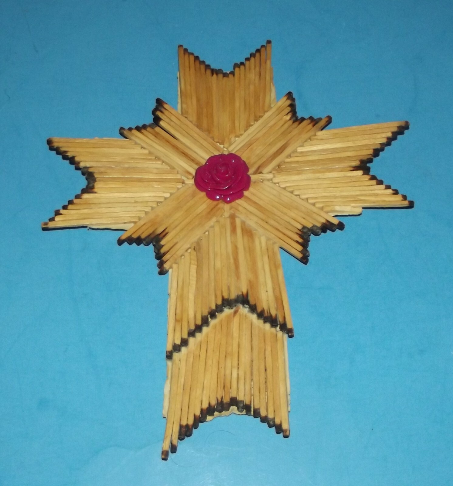 Matchstick Burnt Matches w Rose Cross Tramp Folk Art Vintage 9.5\