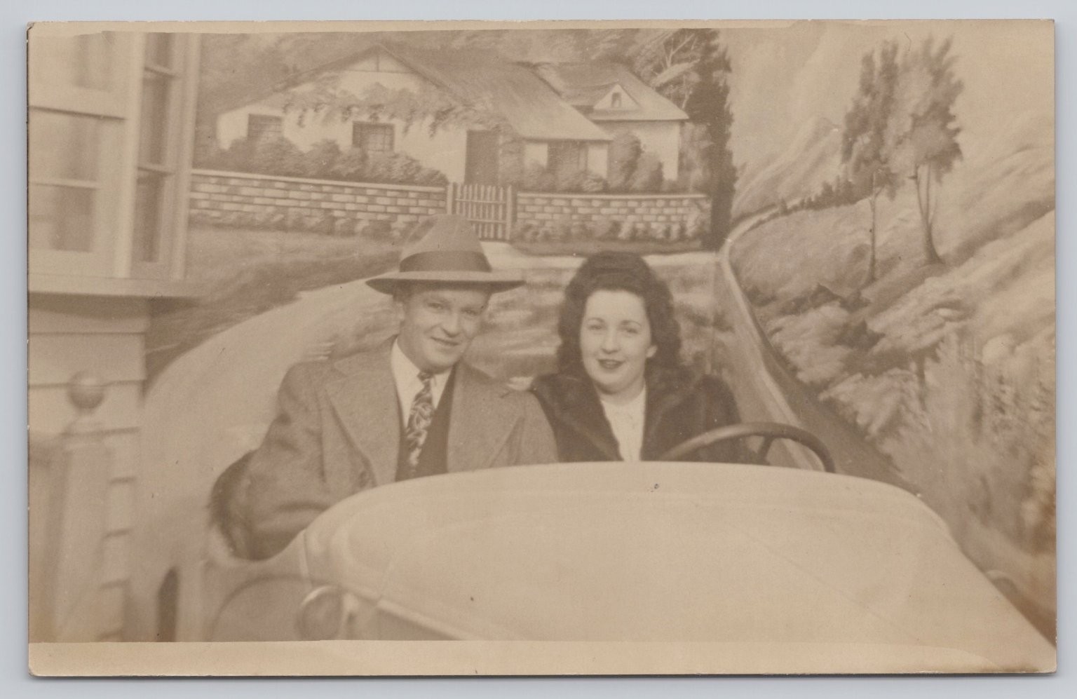 Vintage 1940s RPPC Couple in Studio Car Portrait Photo Postcard Fashion