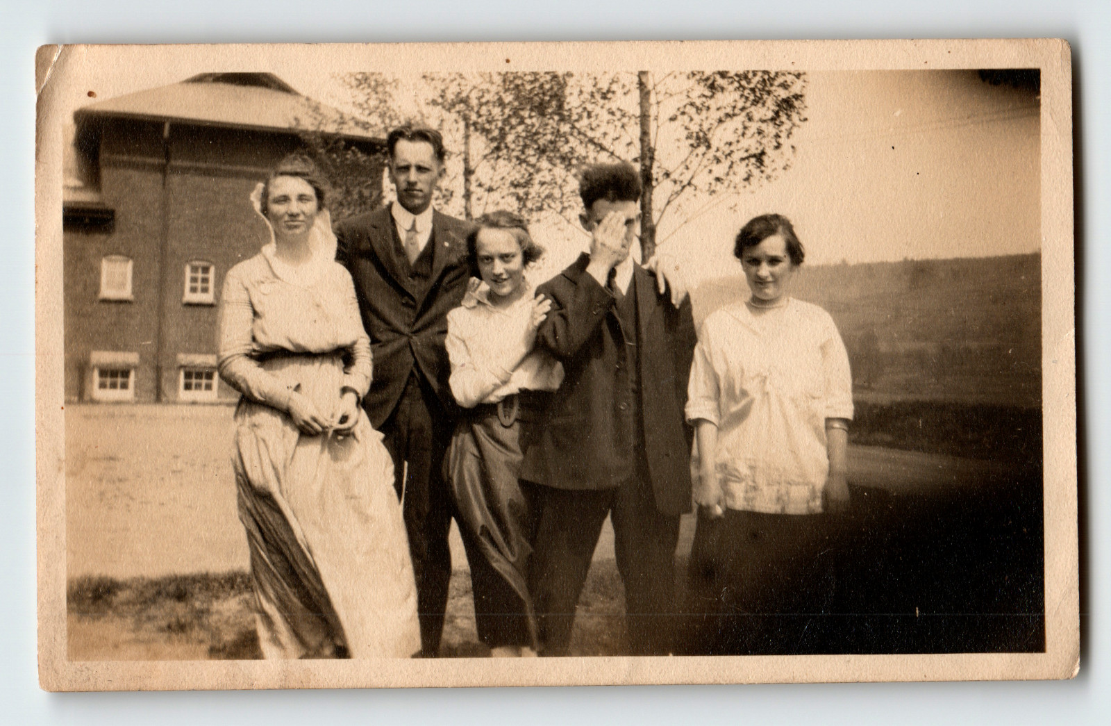 Photo Group of Young Men and Women Outdoors by Large Building Shy Man 1920s