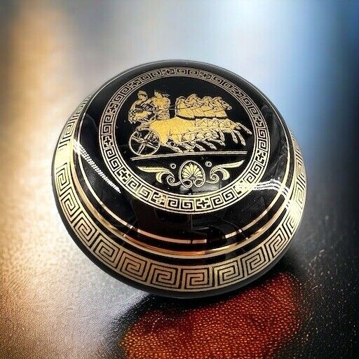 Greece Handmade Porcelain Round Trinket Box With Lid Black 24K Gold Painted