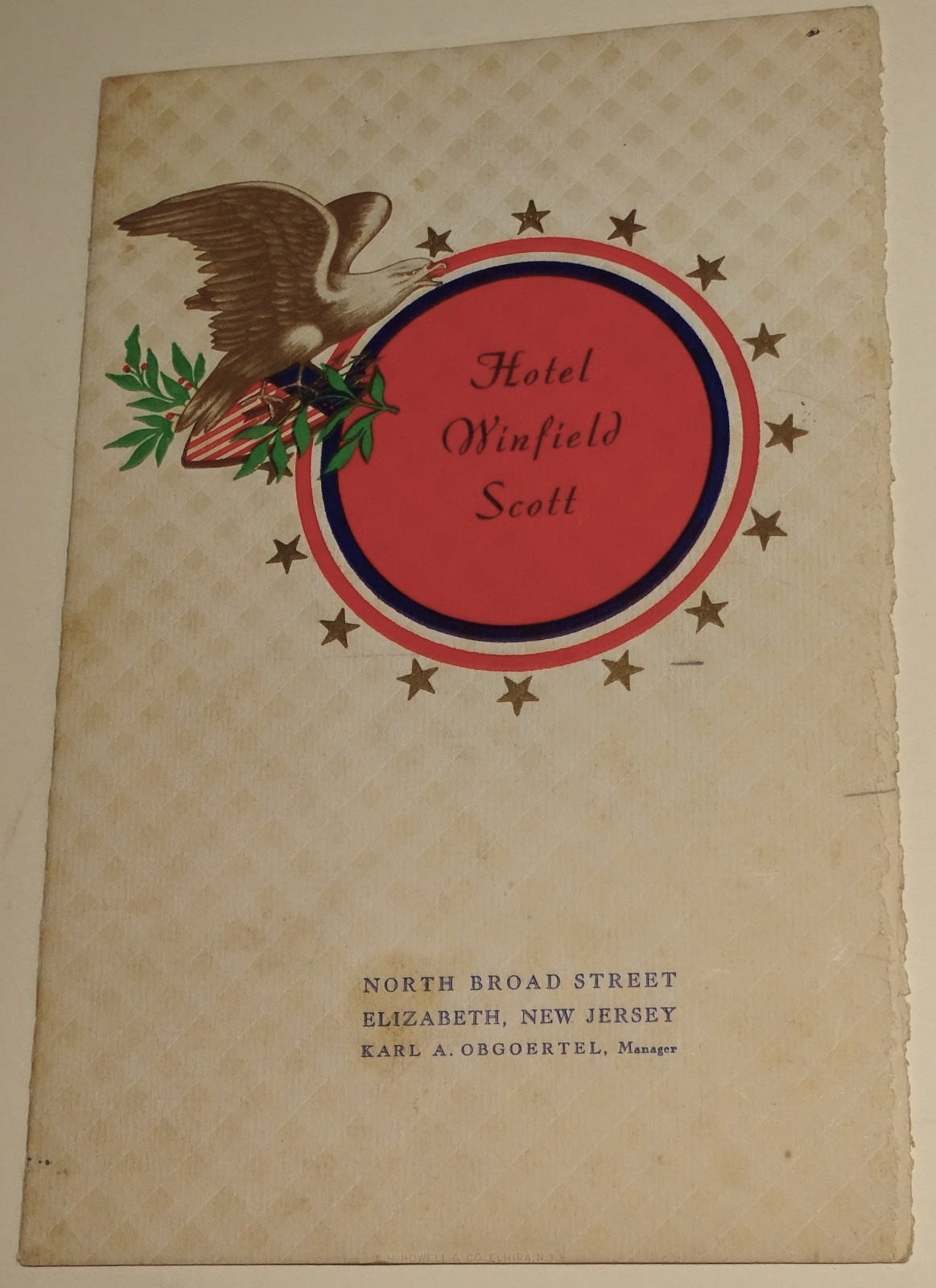 1940 Hotel Winfield Scott Menu (Elizabeth, New Jersey) Bald Eagle/Flag Cover 1940 Hotel Winfield Scott Menu (Elizabeth, New Jersey) Bald Eagle/Flag Cover
