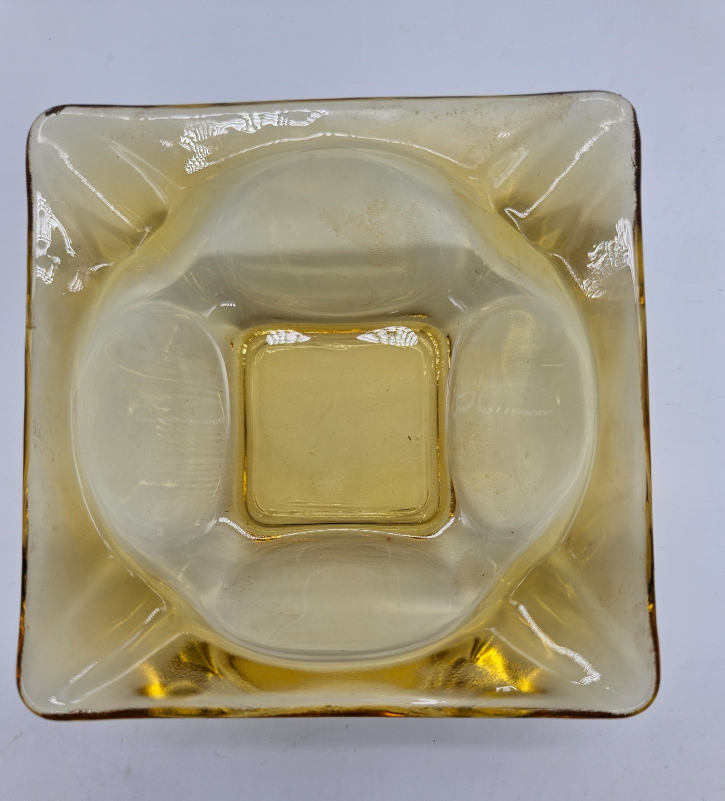 Vintage Amber Glass Ashtray Square Mid Century Modern 4 Slot Honey Gold 3.5 Inch