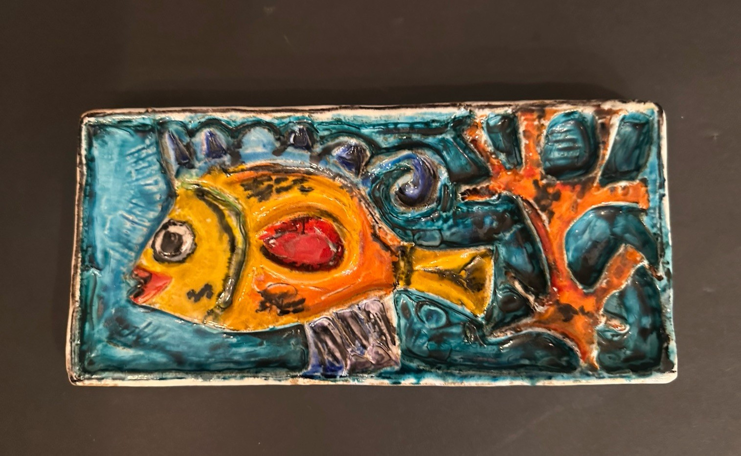 Vintage Giovanni DeSimone Art Pottery MCM Italy Retro Fish Plaque Blue Fine