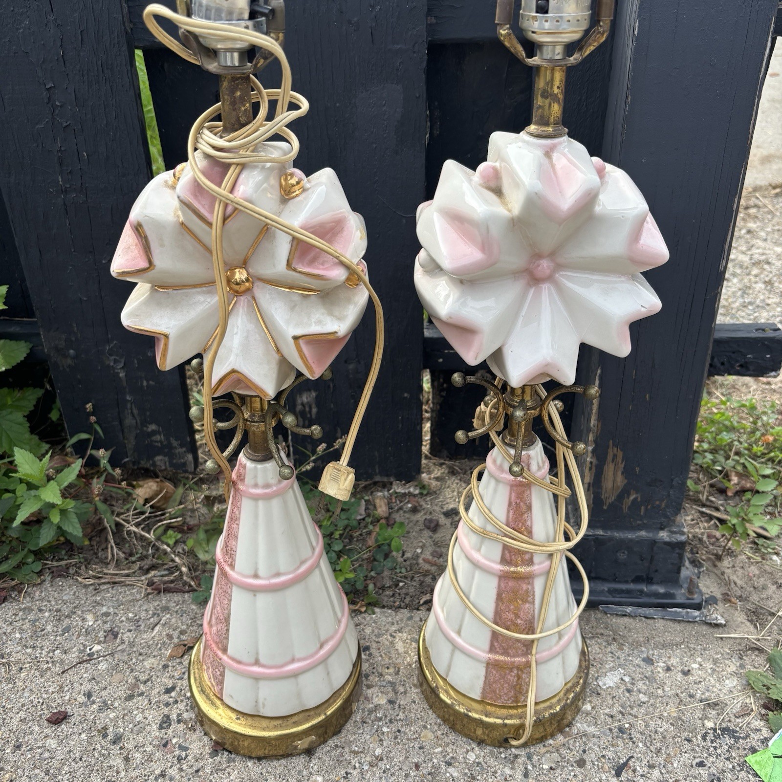 Vintage 1950s MCM Atomic Sputnik Pink Gold Ceramic Table Lamps Pair 