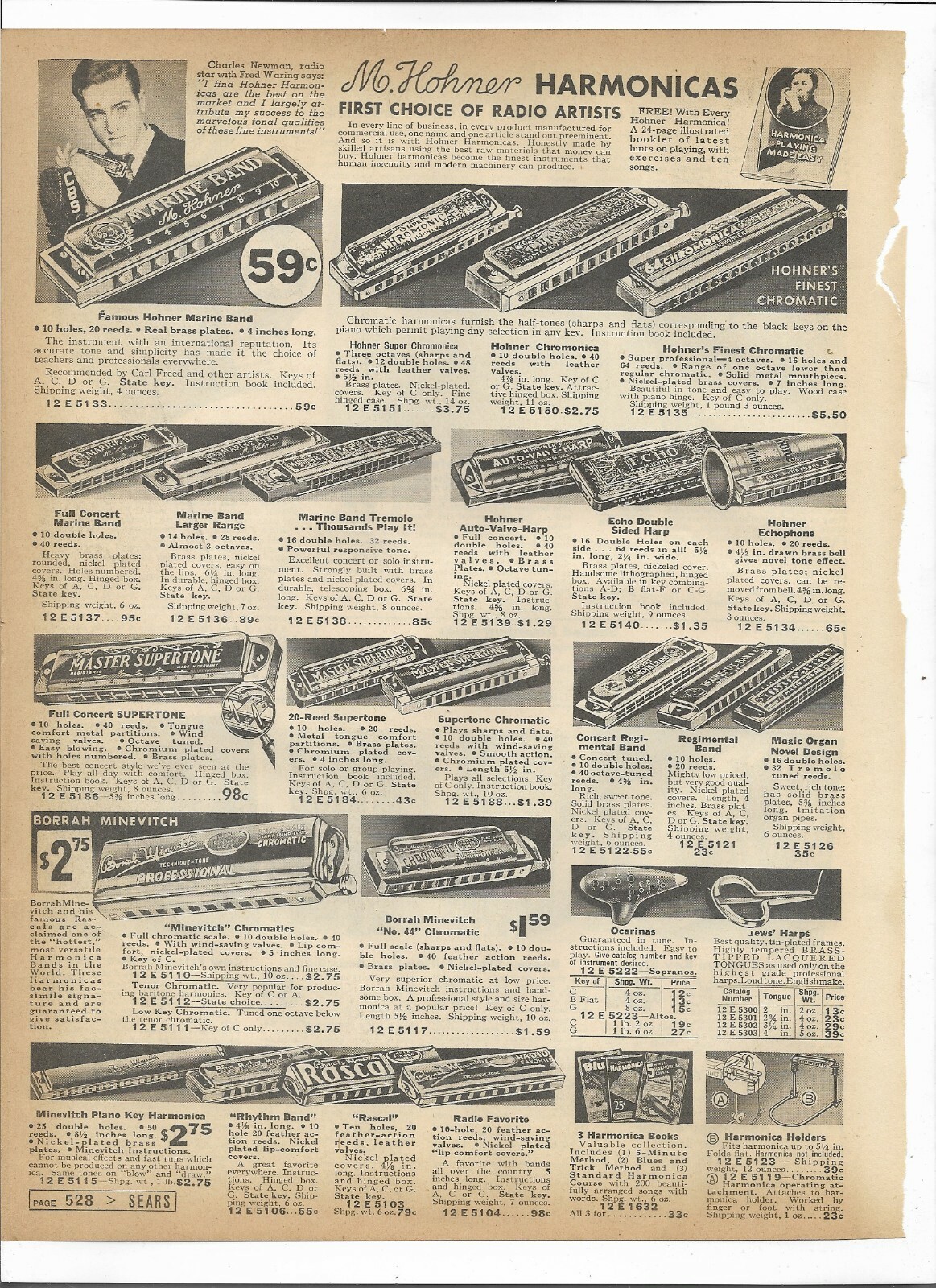 1937 Sears Catalog Ad Page Hohner Marine Supertone Harmonica Milano Accordion