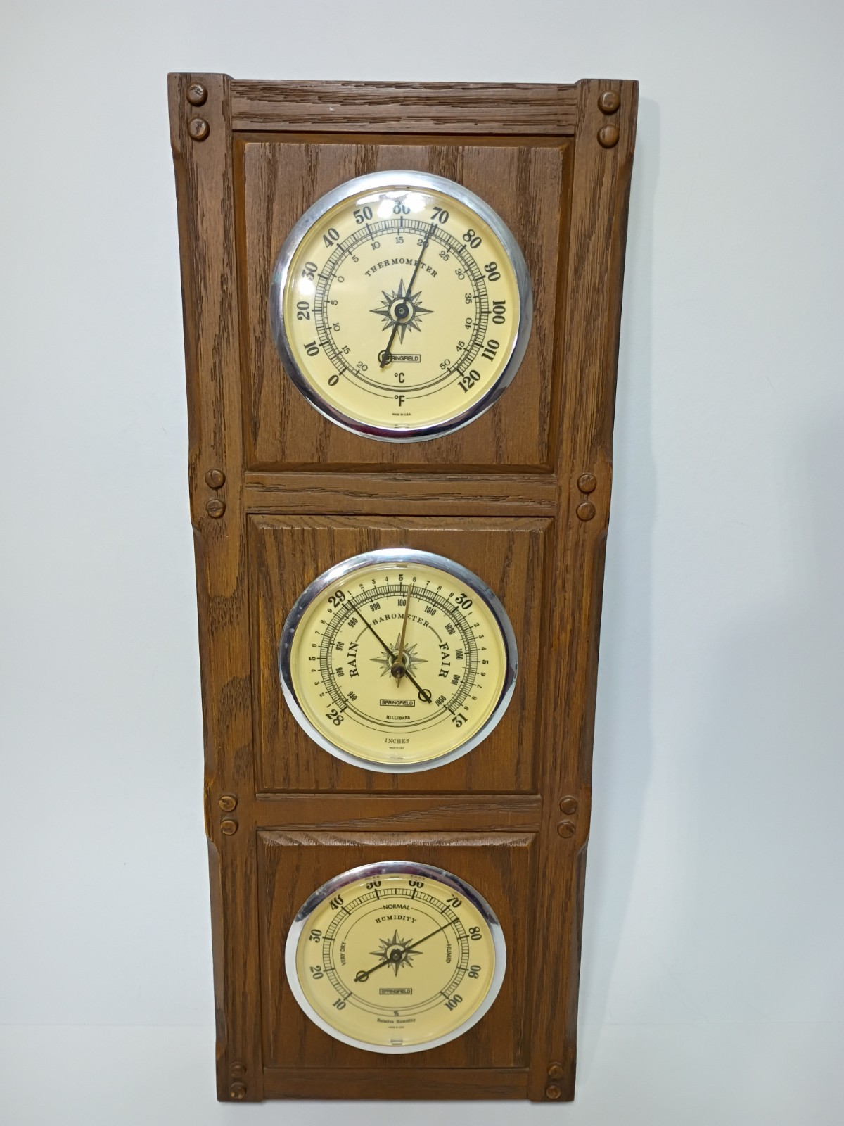 Vintage Springfield Weather Station Hanging Thermometer Barometer Humidity Meter Vintage Springfield Weather Station Hanging Thermometer Barometer Humidity Meter