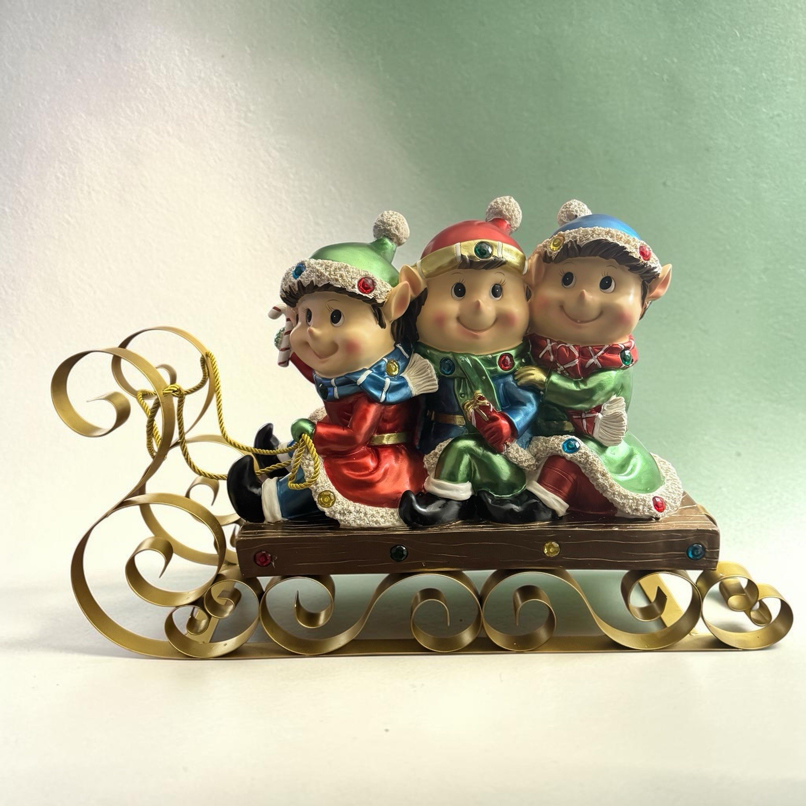 Kringle Express Christmas Elves On Sleigh 28” Resin Figurine LED Tested Works