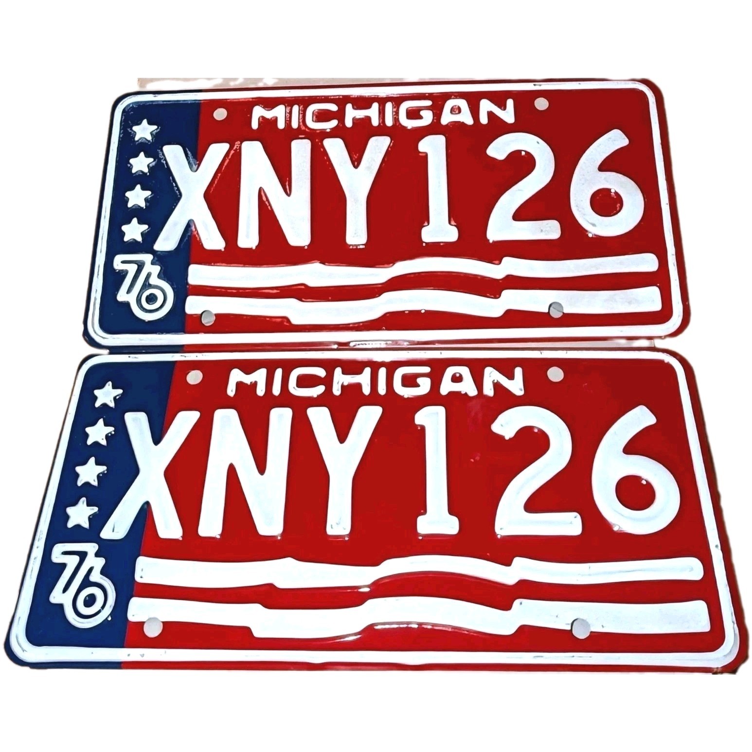 Vtg 1976 Michigan License Plates Matched Set Bicentennial Plate MI 76 NoS Unused