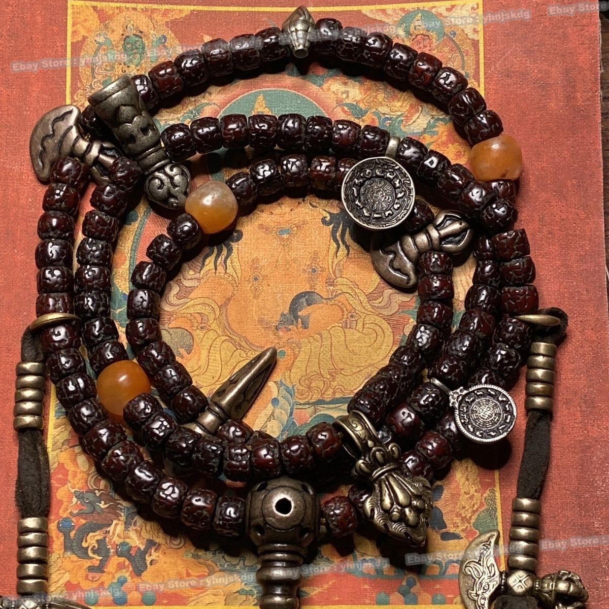 Antique Tibetan Vajrayana Mala - Complete 108 Rudraksha Beads w/ Aged Patina Antique Tibetan Vajrayana Mala - Complete 108 Rudraksha Beads w/ Aged Patina