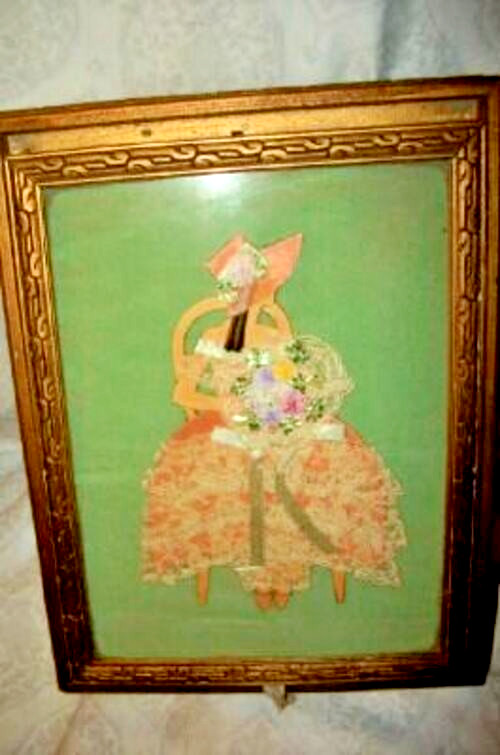 Cottagecore 1920s Wood Dresser Box Dressed Paper Doll Southern Bell Ribbon Glass