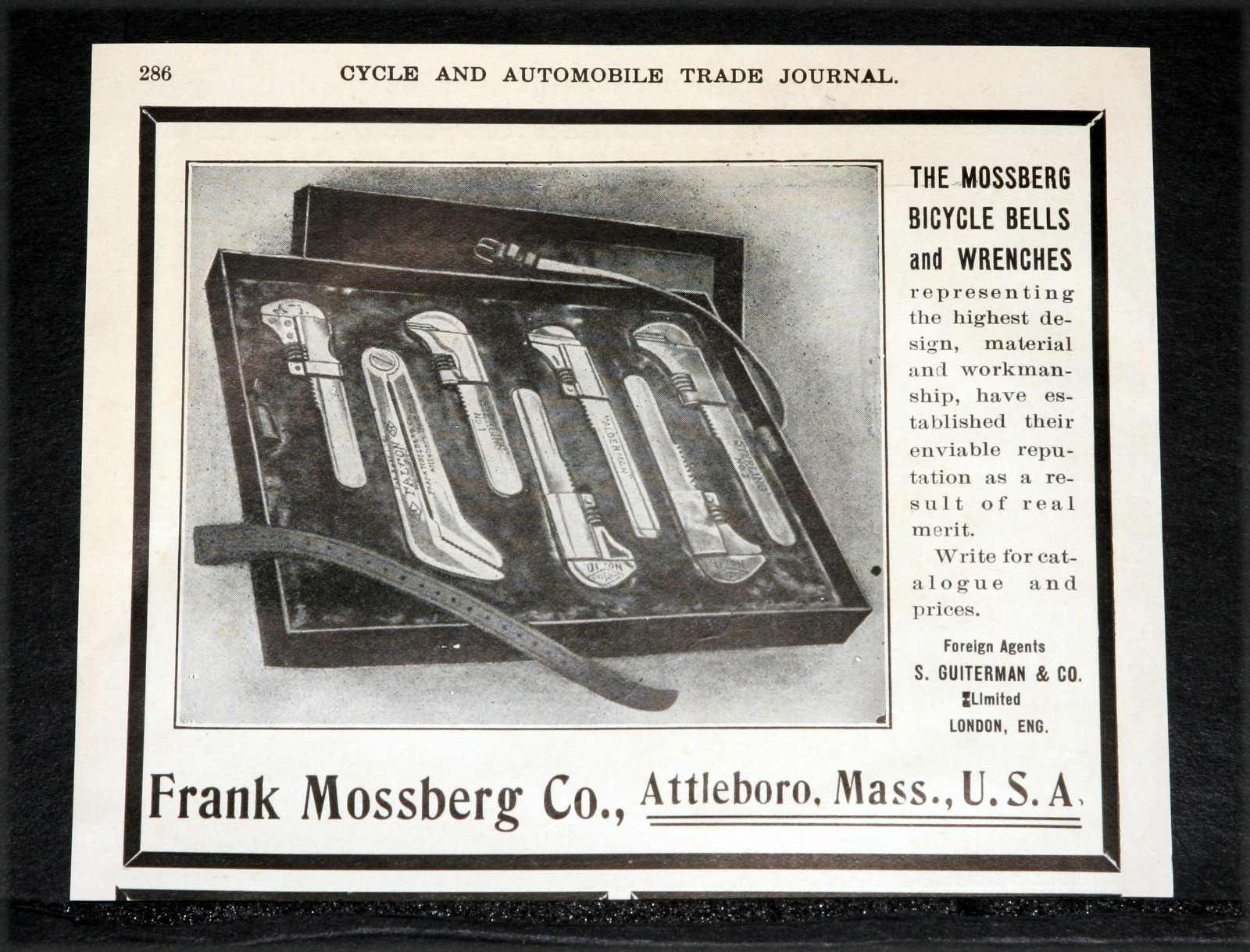 1904 OLD MAGAZINE PRINT AD, FRANK MOSSBERG, ADJUSTABLE WRENCH SET, REAL MERIT