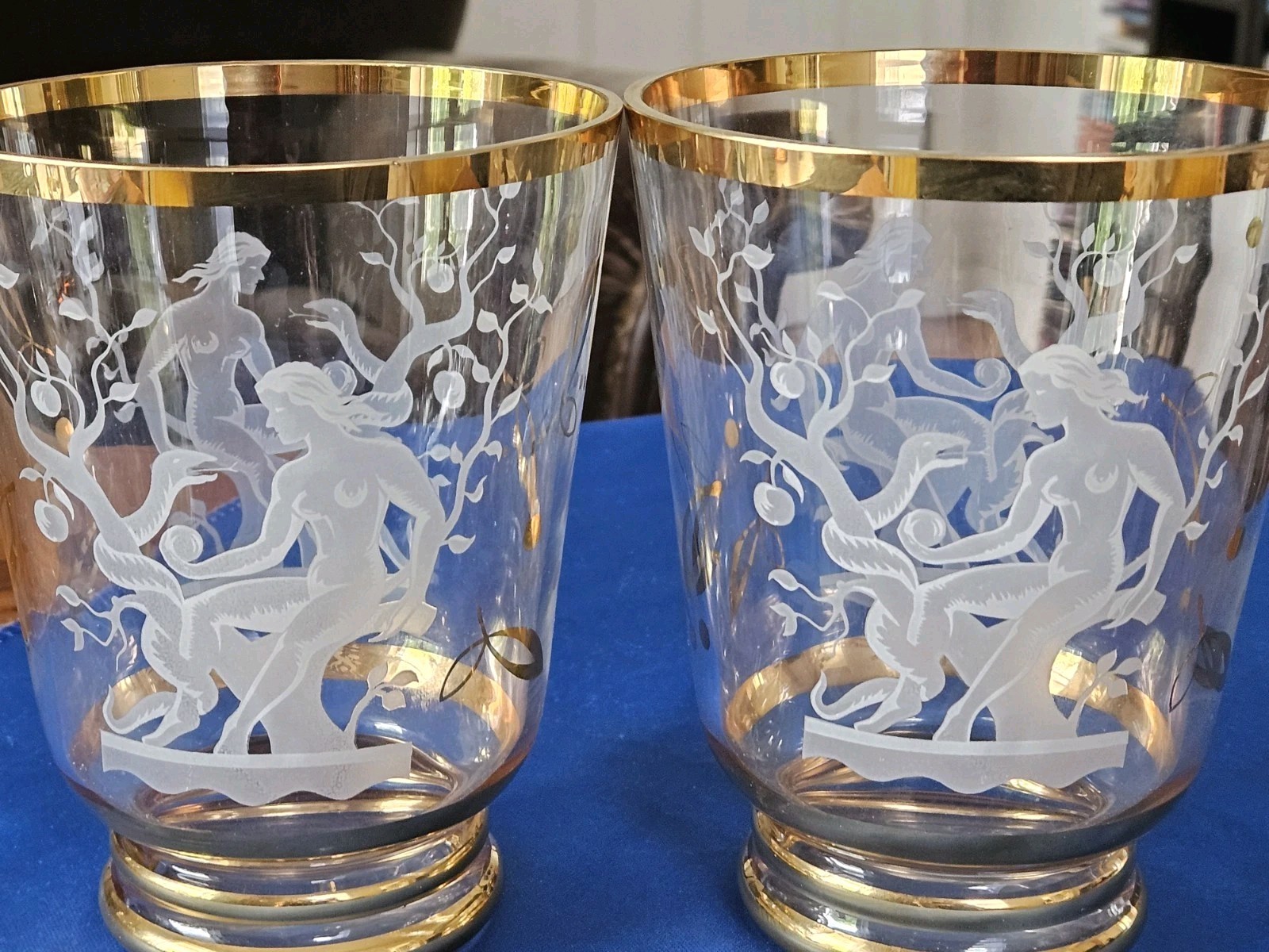 Paul Heller Art Deco Etched Glasses Eve Serpent Gold Rim Belgian Boom Glass