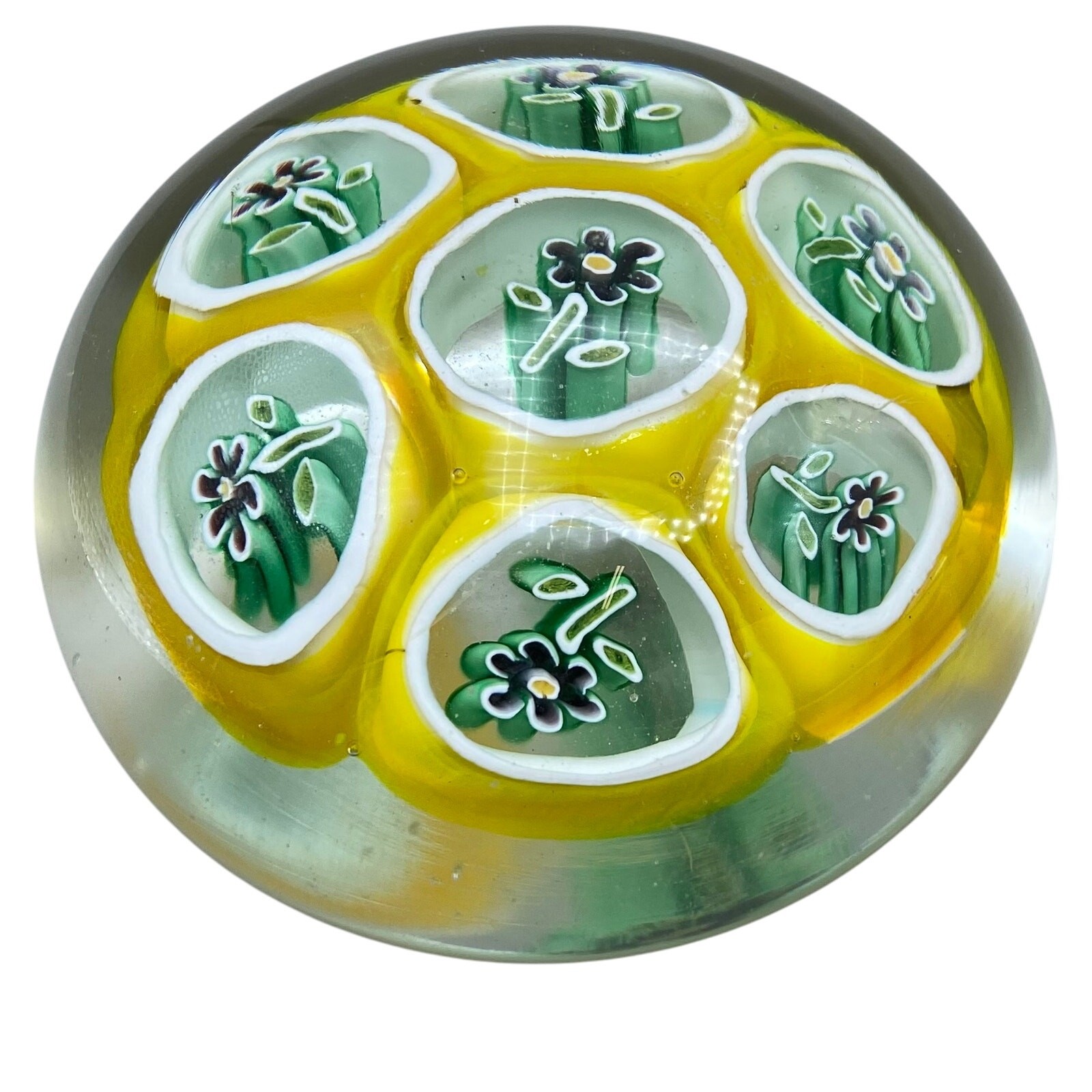 Murano Paperweight Glass Flowers Windows Yellow Purple Retro Vintage Italian Art