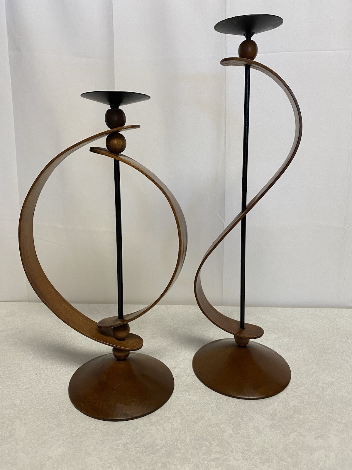 Vtg MCM Danish Teak Wood Rotating Candle Holders Art Deco 1950’s 3D Pair