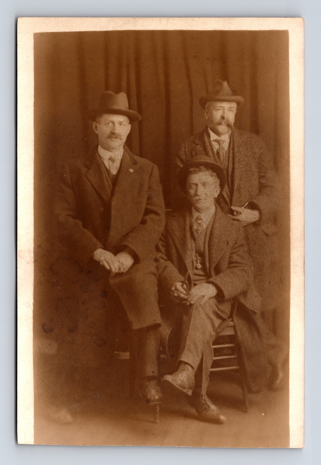 RPPC Studio Portrait of Three Men in Suits Coats Hats Real Photo Postcard