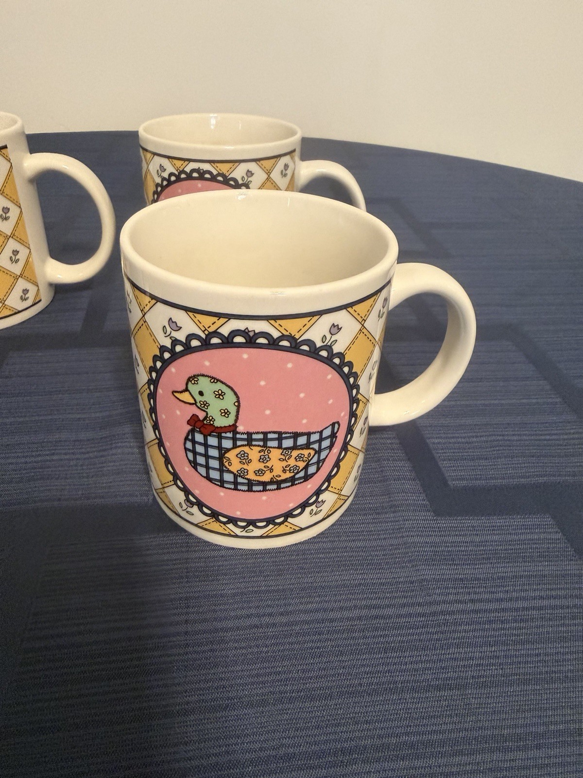 4 Vtg Studio Nova Country Style Ceramic Mug Patchwork Duck Design