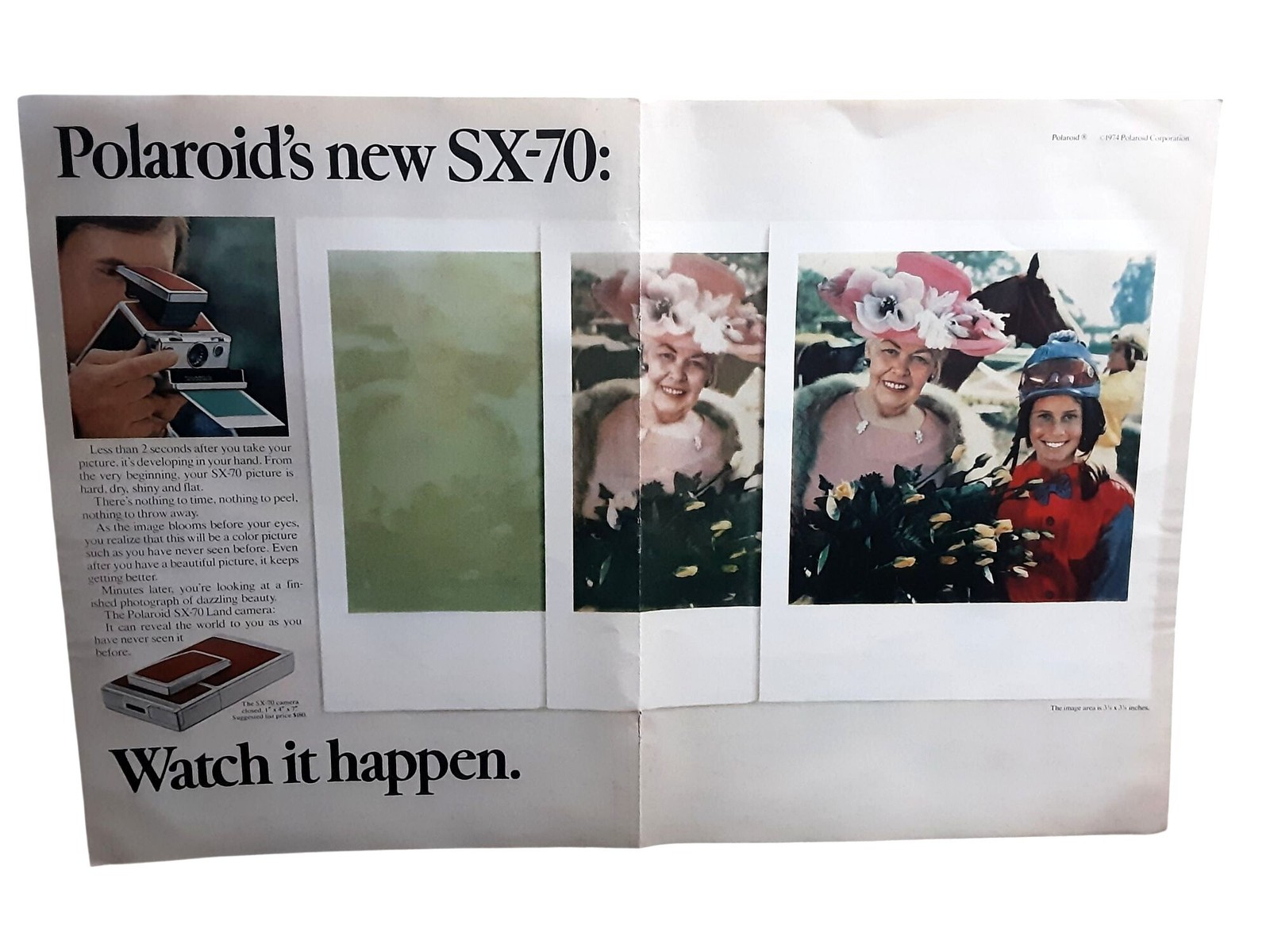 1974 Polaroid SX70 Instant Camera Watch It Happen 2 Page Vintage Ad