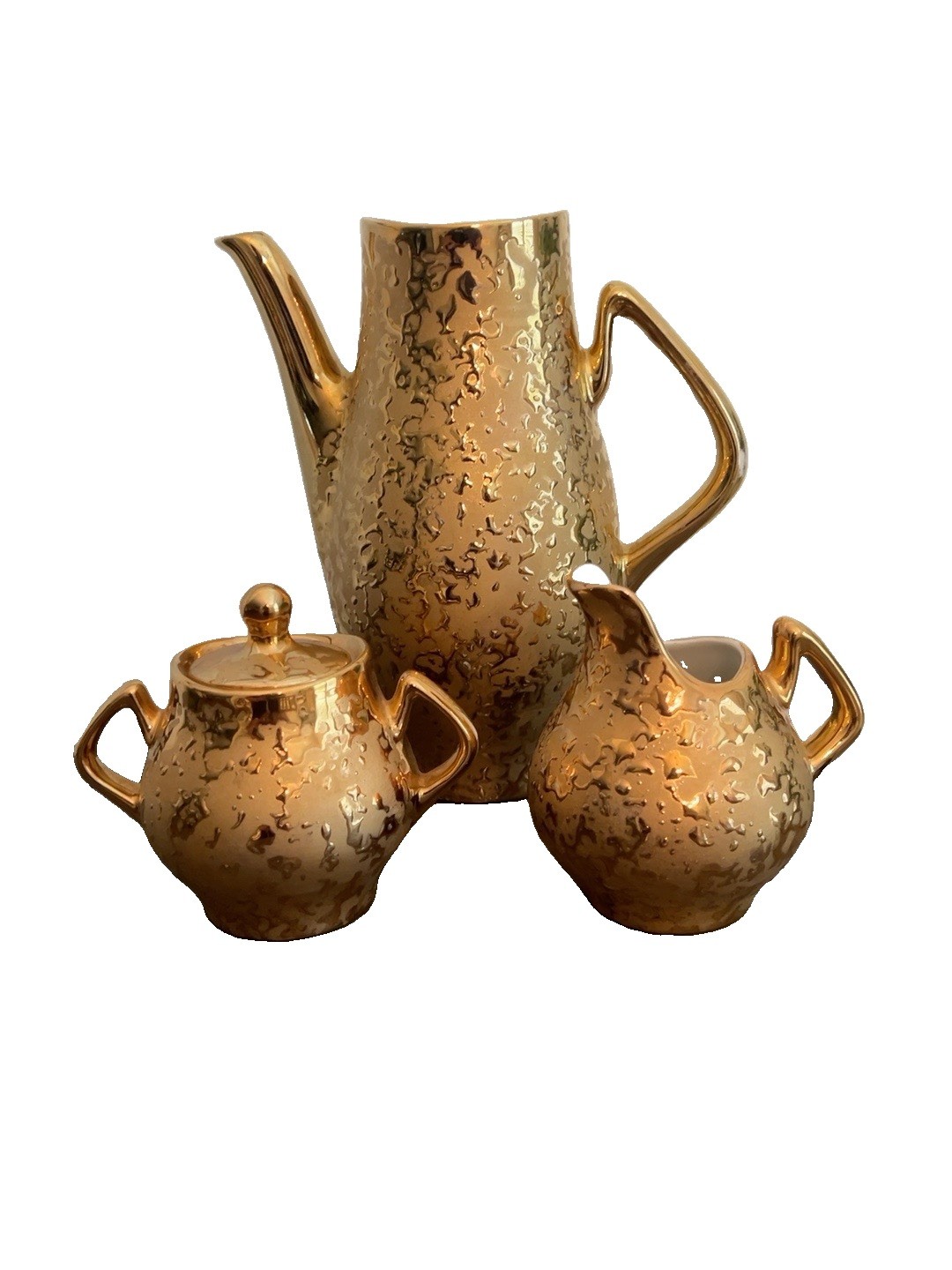Vintage Kingwood Ceramics Weeping Gold 22K Coffee Pot Sugar Creamer Set Ohio USA