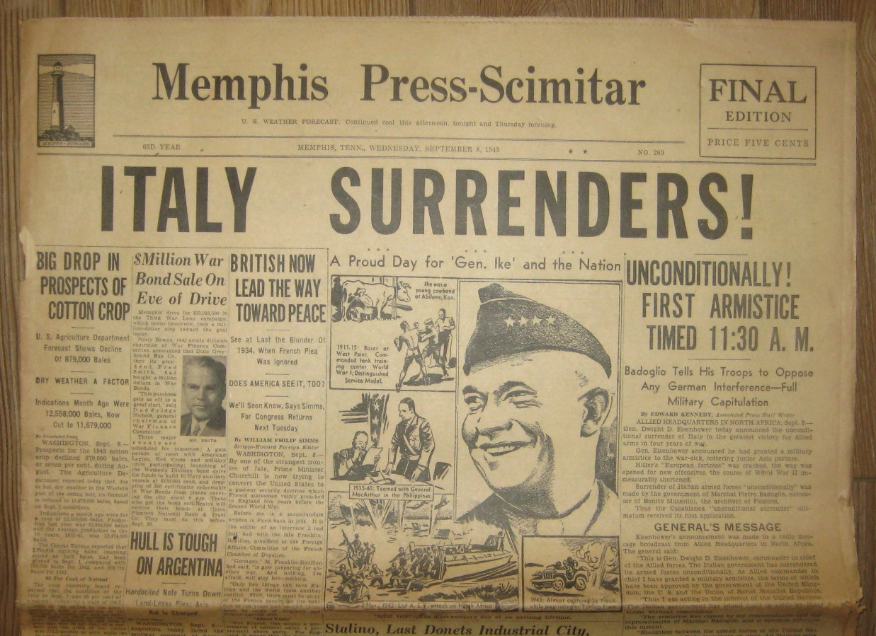 Memphis Press-Scimitar September 8, 1943, WWII, ITALY SURRENDERS, VG Memphis Press-Scimitar September 8, 1943, WWII, ITALY SURRENDERS, VG