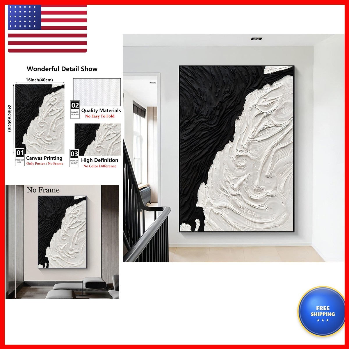 BACJUOPLDArt Black And White Abstract Canvas Wall Art Black Textured Poster