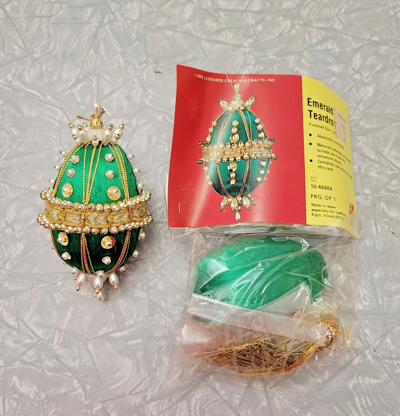 Vintage 1976 LeeWards Christmas Ornament Kit and Completed Emerald Teardrop